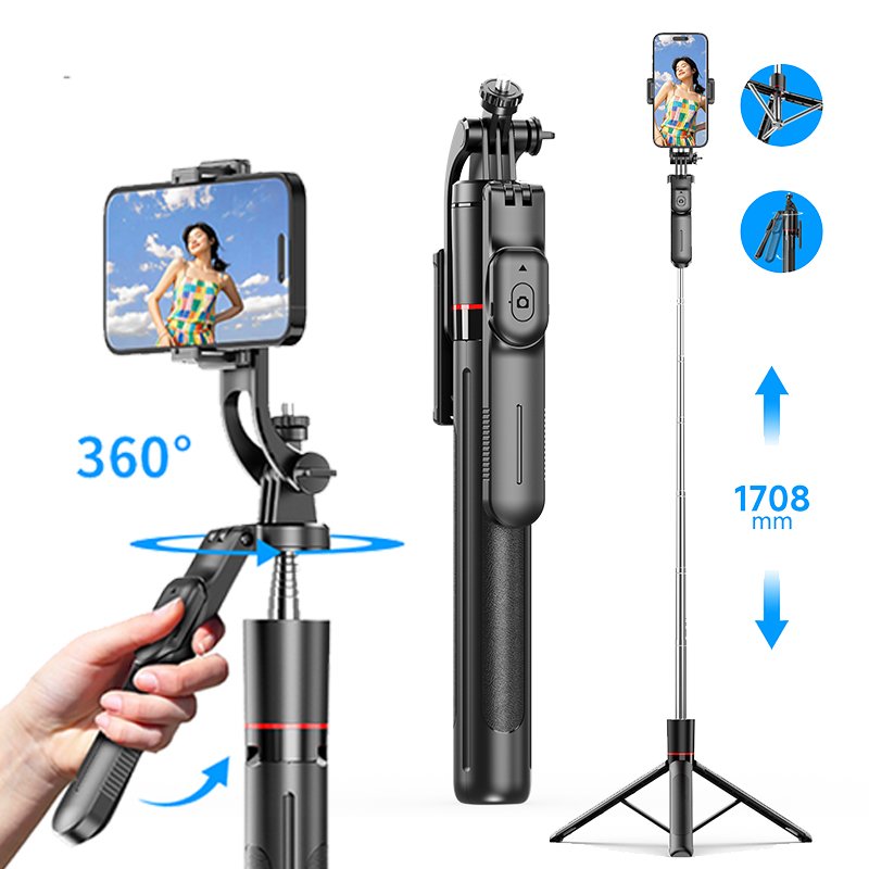 Perche Selfie Trépied F16 — Stabilisateur 360°, Hauteur 170cm, Télécommande Bluetooth